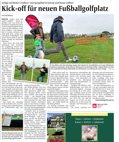 Auch die lokale Presse berichtete über die Eröffnung der neuen Fußballgolfanlage auf dem Bäcker's Erdbeer- und Spargelhof in Gittrup.